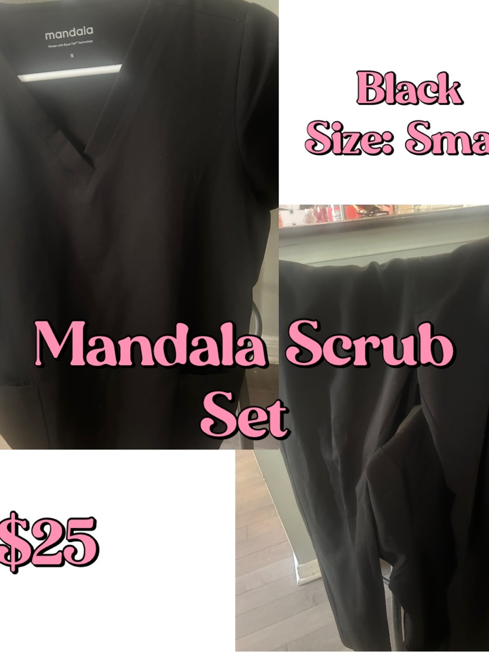 Mandala Black V-Neck Scrub Top